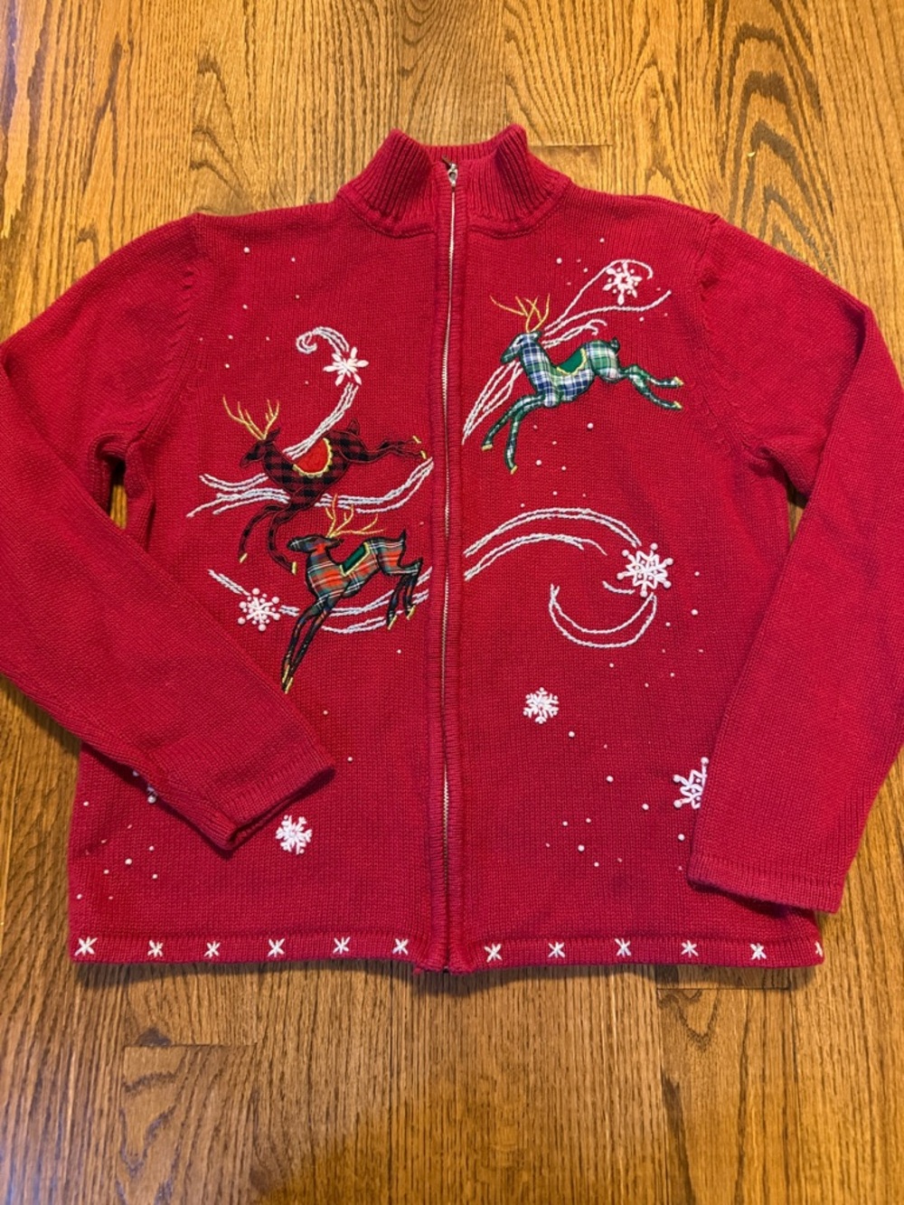 Erika cotton ramie reindeer Christmas sweater full zip cardigan sz M